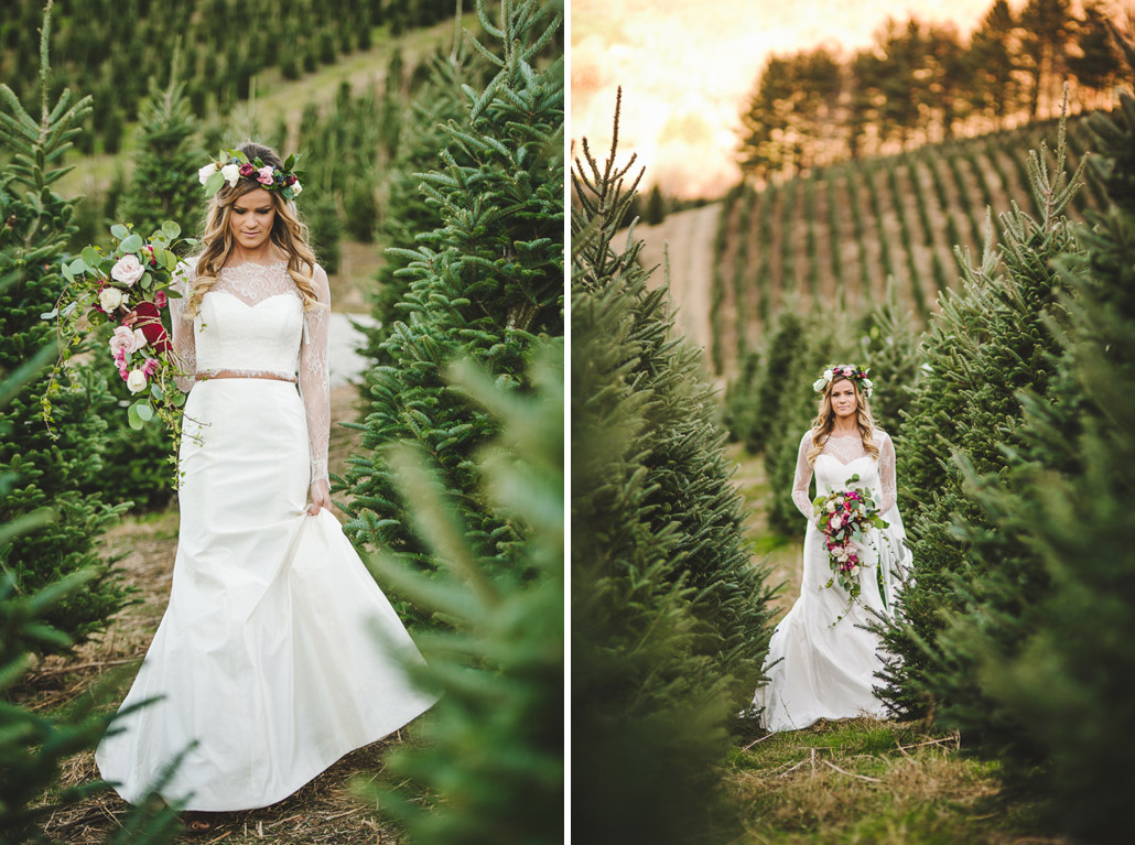 Christmas tree farm bridal photography